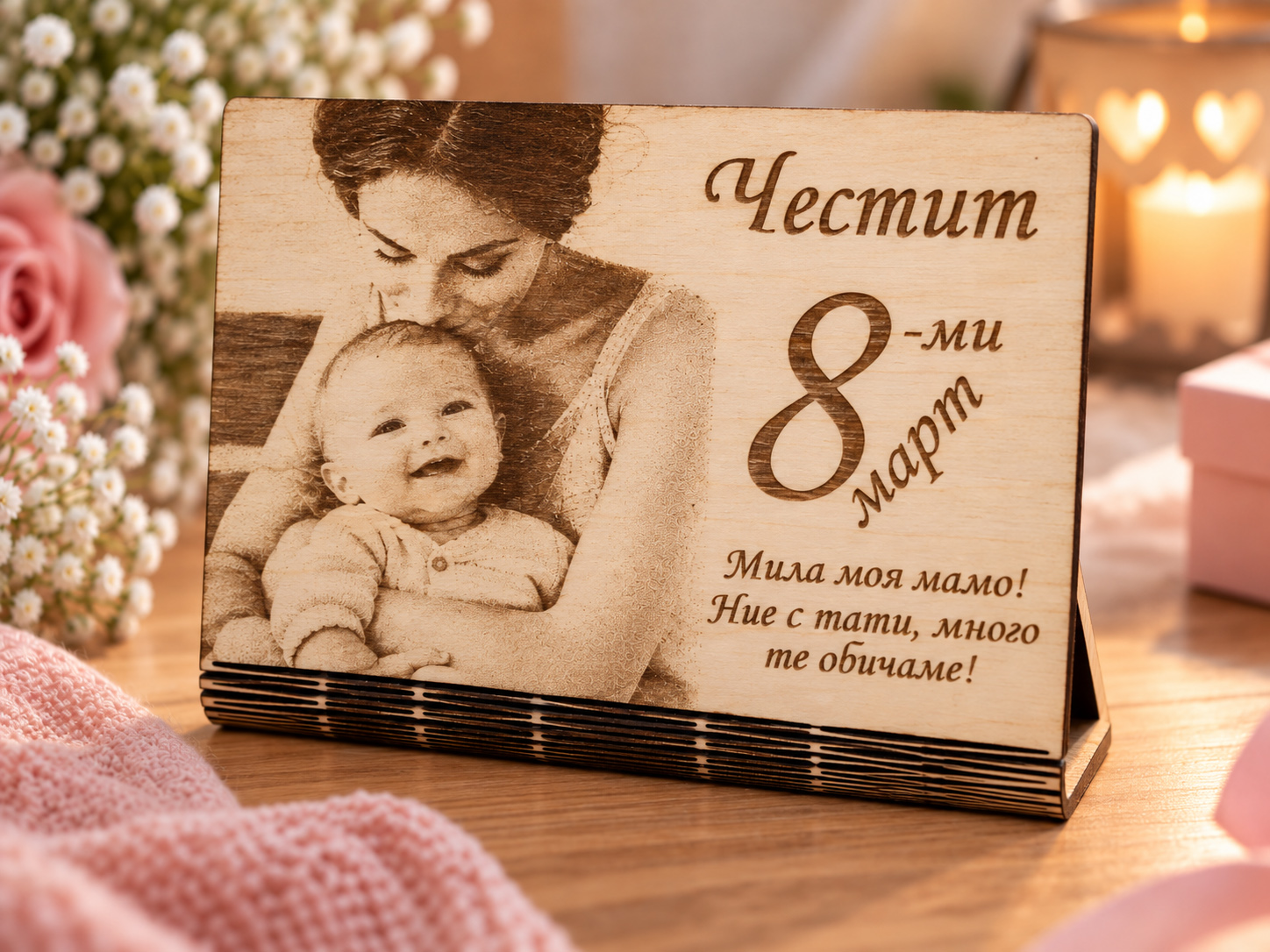 Елегантна извита дървена рамка с гравирана снимка - 8-ми март