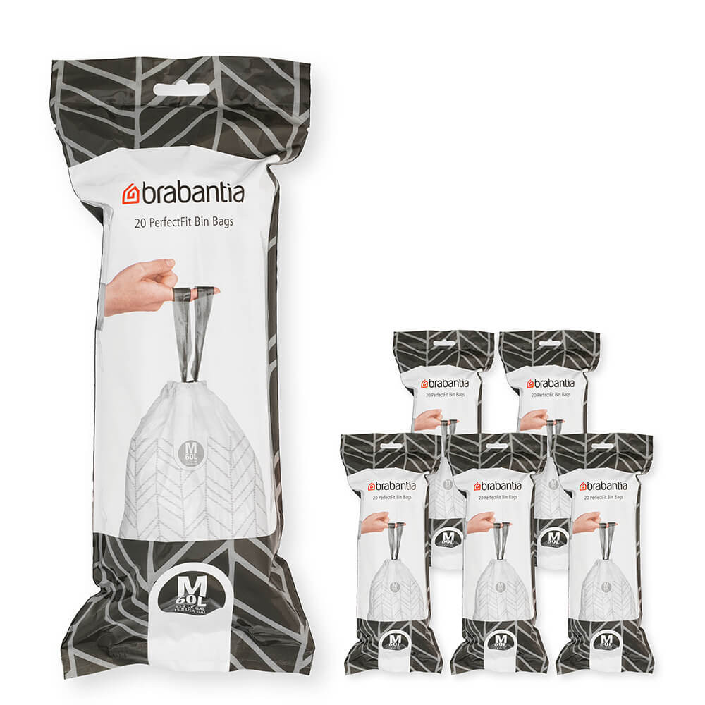 Торбички за кош Brabantia PerfectFit Bo 1005595, Размер М, 60 л, 120 броя, Бял
