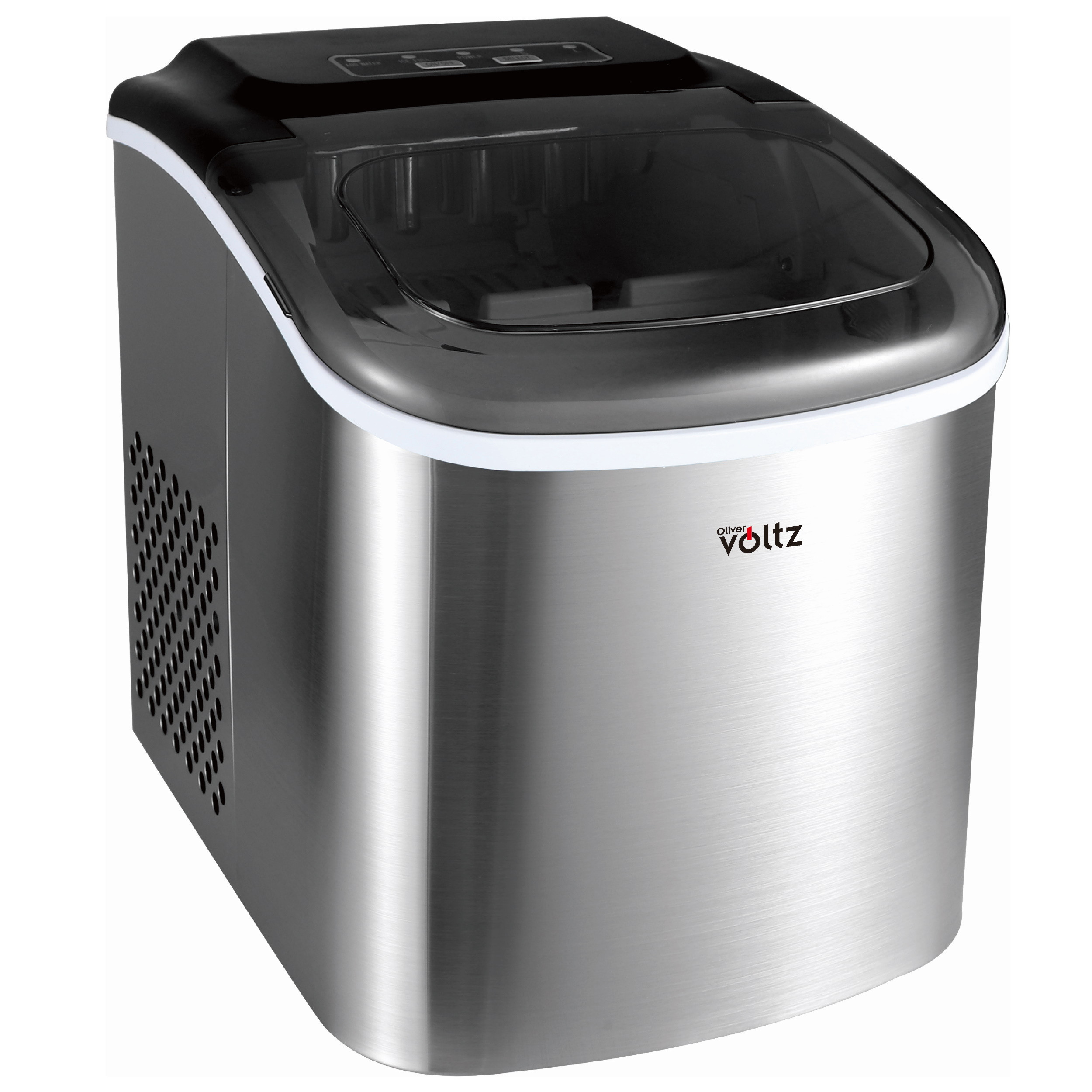 Ледогенератор Oliver Voltz OV51447CS, 120W, 12кг/24 часа, 1.3 л, 9 кубчета за цикъл работа, Индикатор за лед и вода, Инокс
