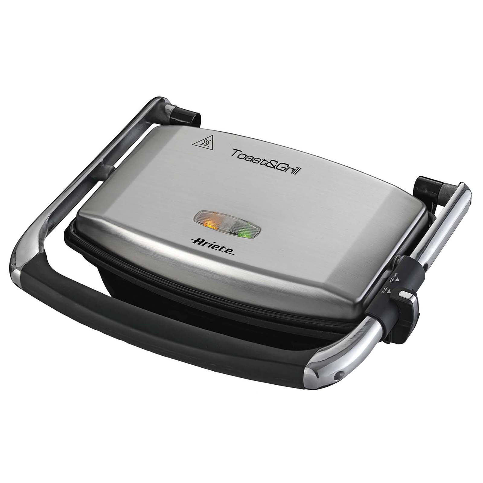Уред 3в1 Ariete TOAST & GRILL SLIM 1911/10, Тостер, Грил, Скара, 1000W, 230C, Незалепващо покритие, Регулируема горна плоча, Инокс