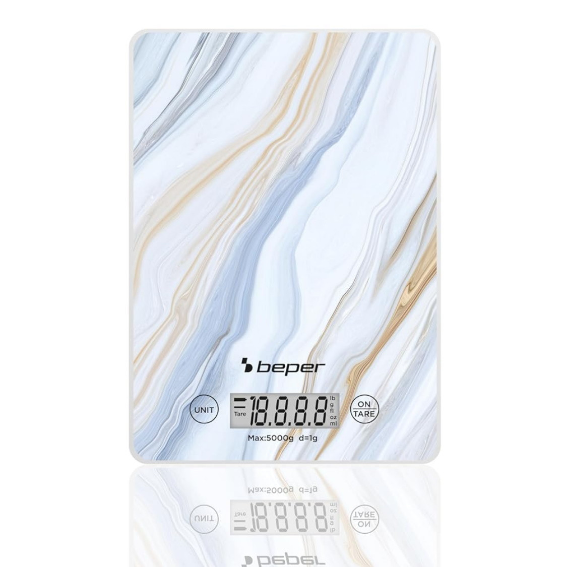 Кухненска везна Beper P102BIL001, До 5 кг, LCD дисплей, Твърди храни и течности, Сензорно управление, Закалено стъкло, Мрамор