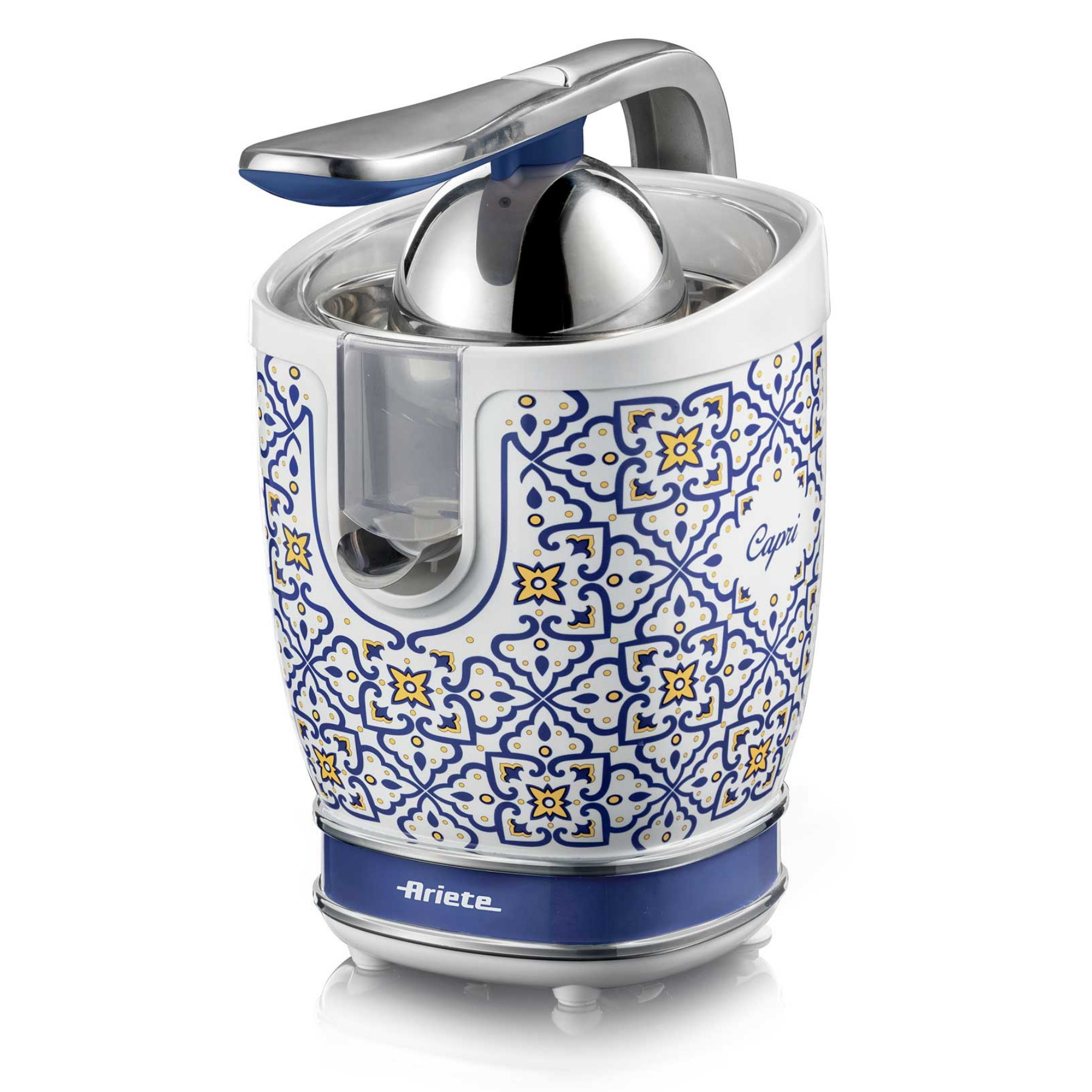 Цитрус преса Ariete Capri JUICER 0413/0C, 85W, Метално тяло, Безшумна работа, 2 приставки, Бял/син