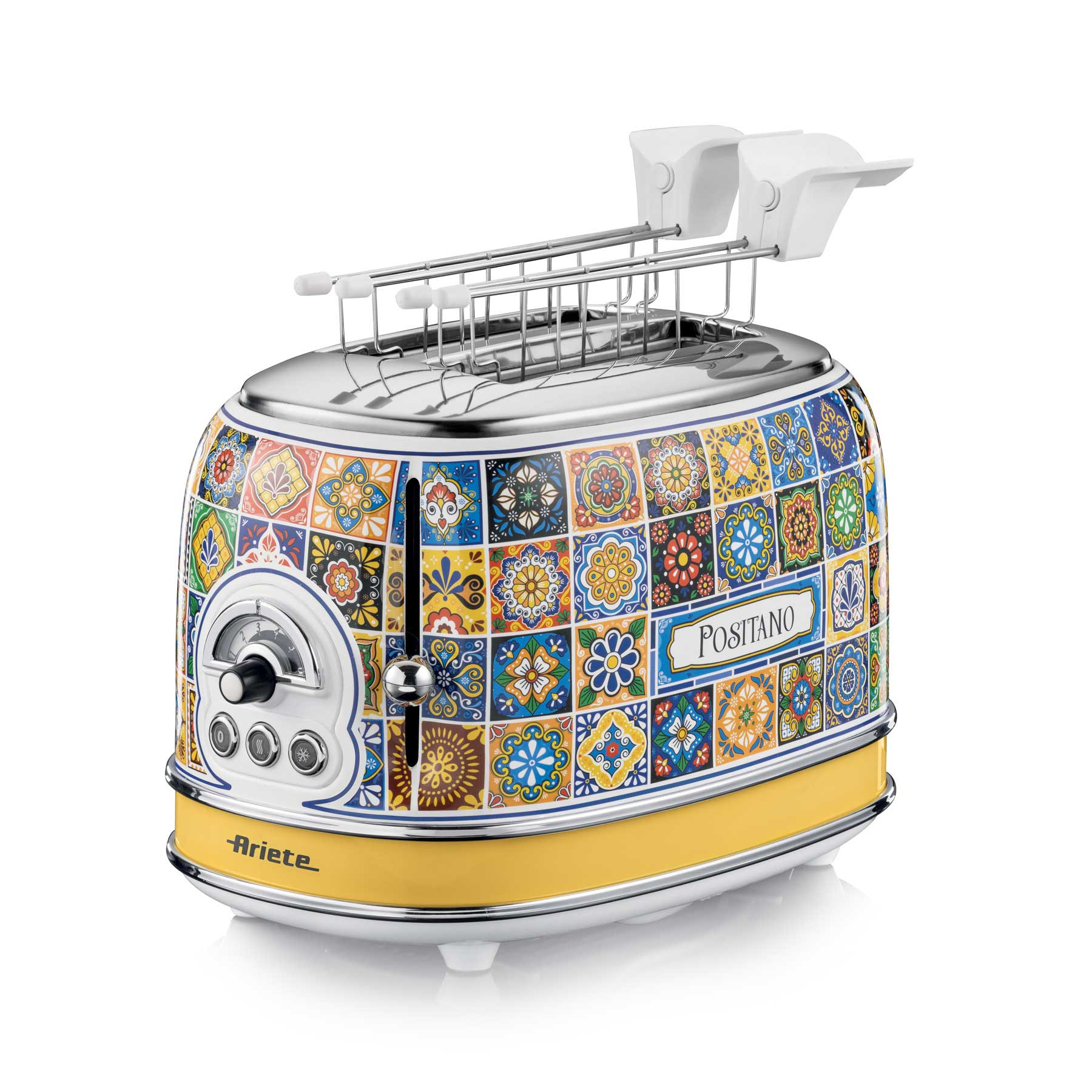 Тостер за хляб Ariete Positano 0155/0P, 810W, 2 филии, 3 функции, 6 степени, Подвижна тава за трохи, Бял/Жълт