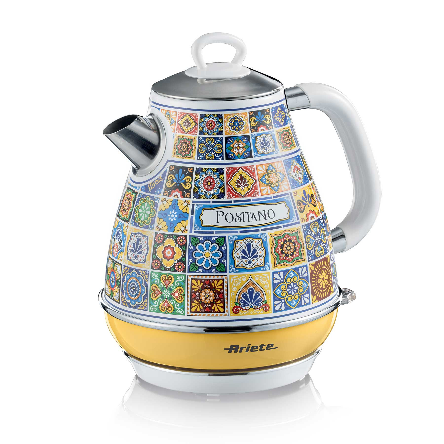 Електрическа кана Ariete Positano 2869/0P, 2000W, 1.7 л, Подвижен филтър, Прозорец за водата, 360C безжична основа, Бял/Жълт
