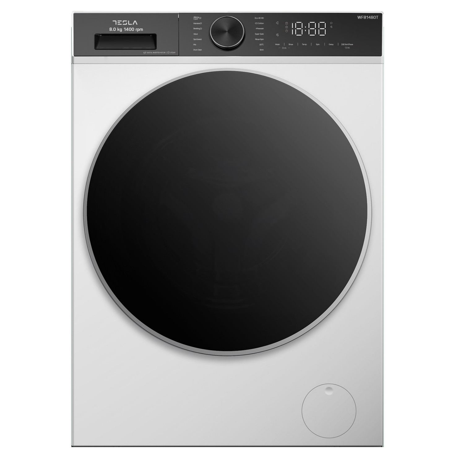 Пералня с предно зареждане Tesla WF81480T, 1900W, 8 кг, 1400об/мин, Инверторен мотор, Клас А, 14 програми, Бял/черен