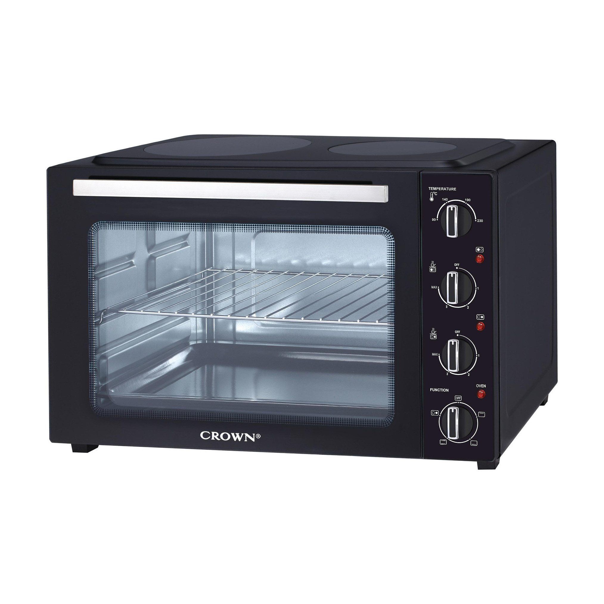 Малка готварска печка Crown CMO-482CER, 48 л, 1800 W, 2 керамични котлона, 4 функции, Термостат, Черен