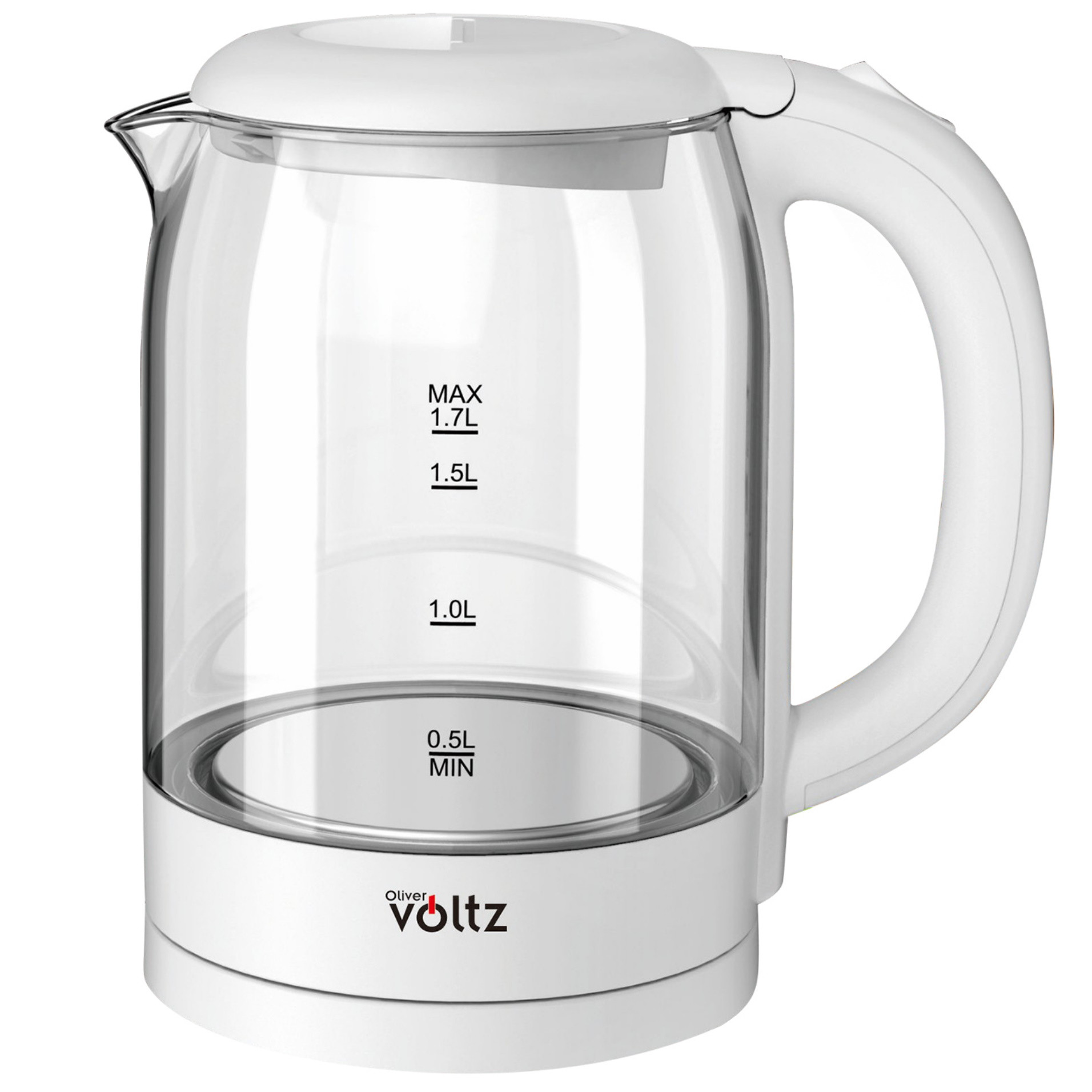 Електрическа стъклена кана Oliver Voltz OV51230X, 2200W, 1.7 л, Скрит нагревател, Светлинен индикатор, 360C основа, Бял