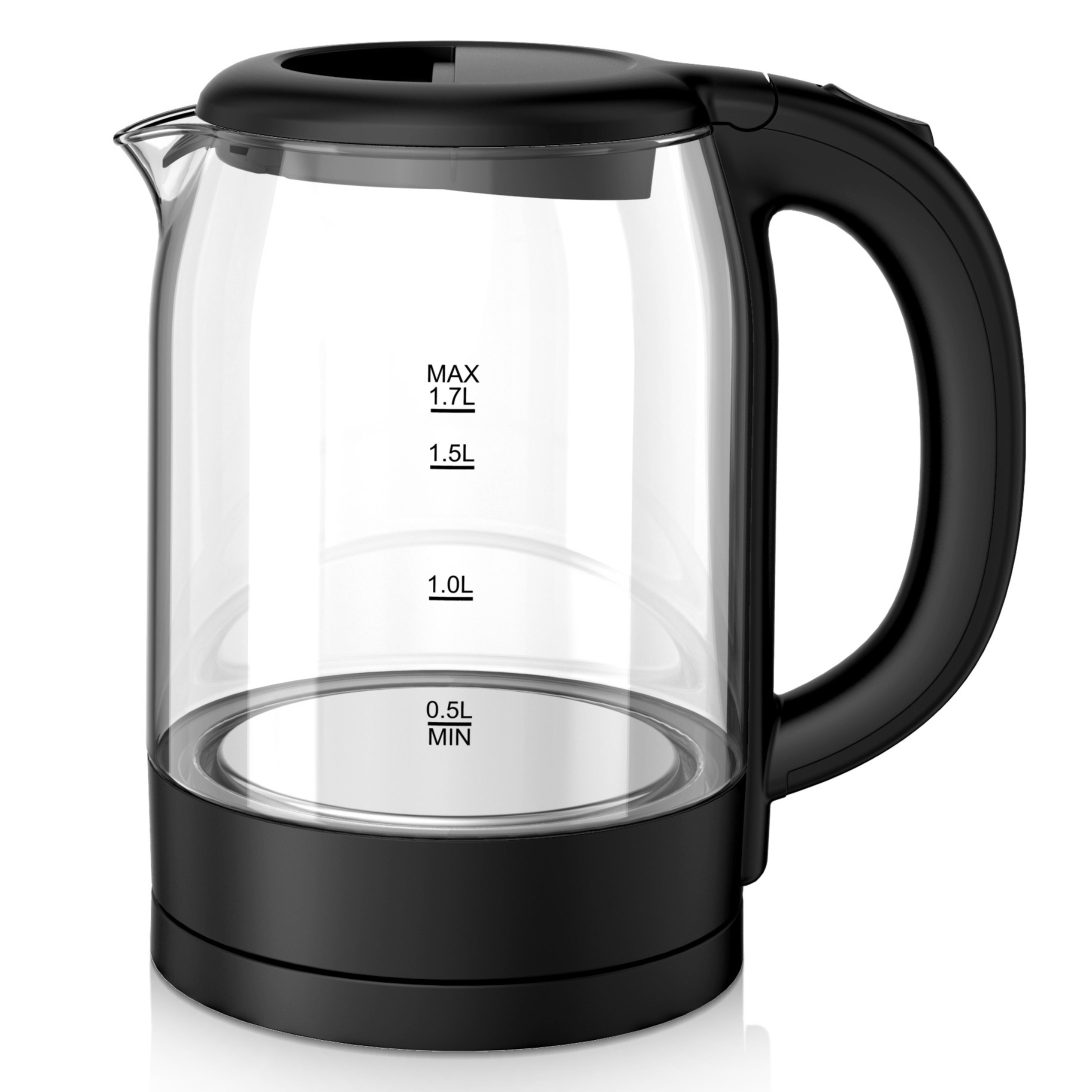 Електрическа стъклена кана Oliver Voltz OV51230X, 2200W, 1.7 л, Скрит нагревател, Светлинен индикатор, 360C основа, Черен