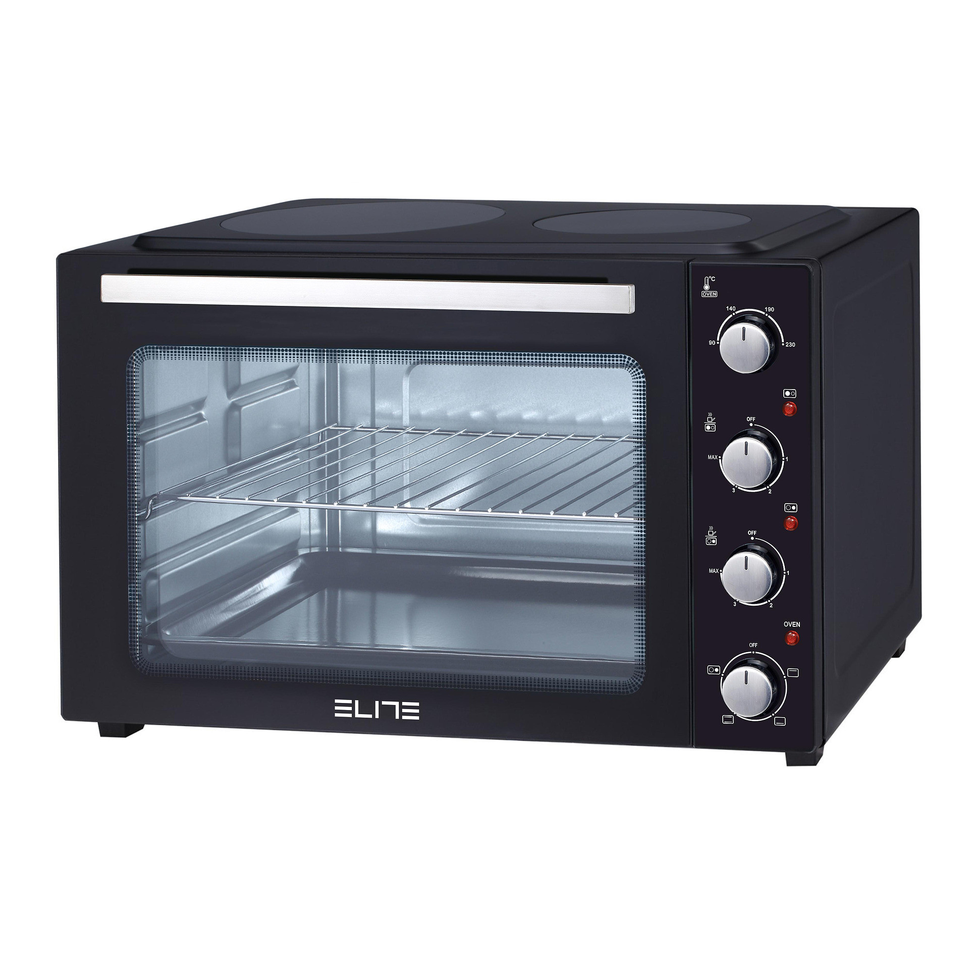 Готварска печка с керамичен плот Elite EMO-2511, 4300W, 48 л, 2 котлона, 4 нагревателя, От 90 до 230C, Черен