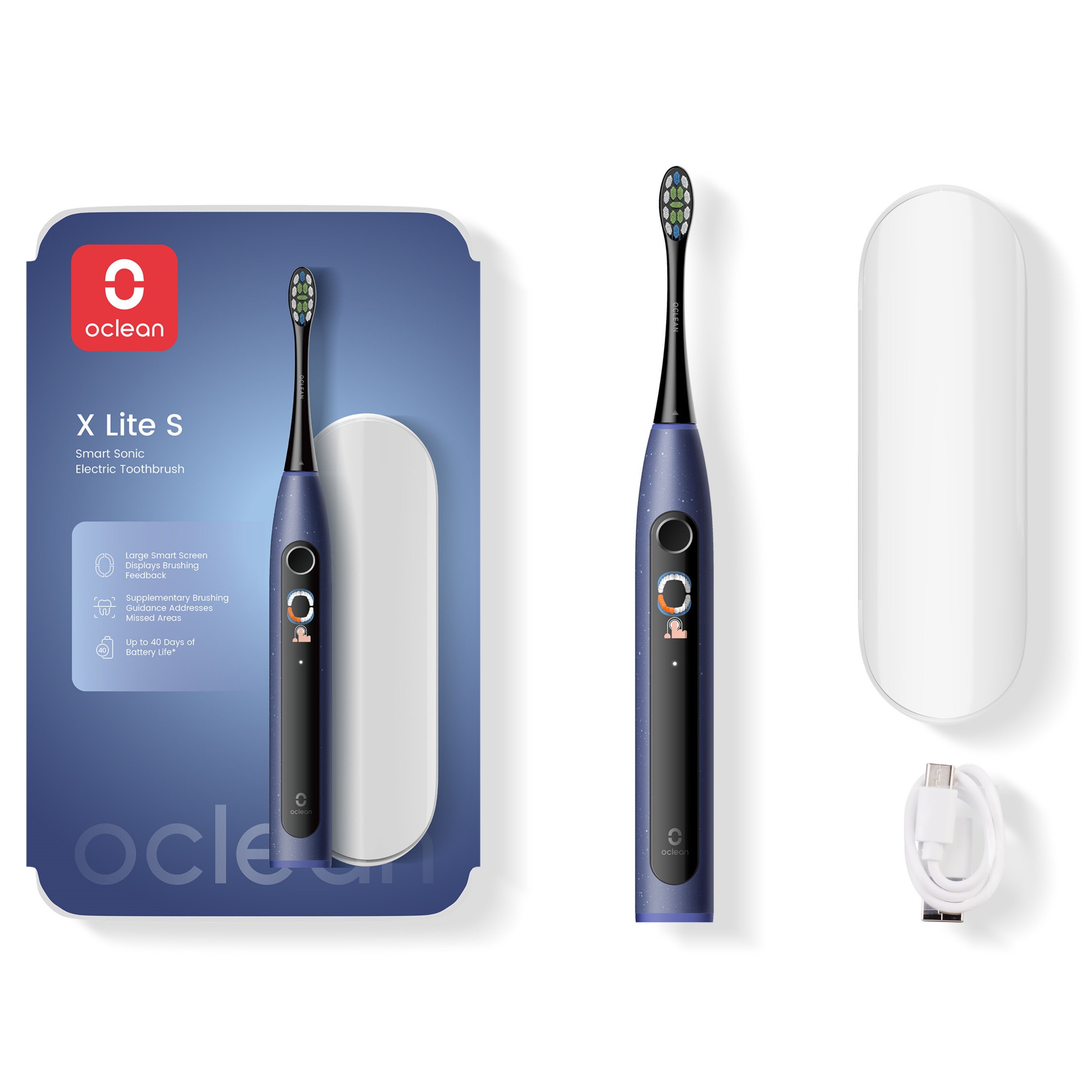 Електрическа четка за зъби Oclean X Lite Set, 72000 об/мин, 5 режима, Smart, Тъчскрийн, До 40 дни автономия, Отчитане на почистените зони, +Калъф, Тъмносин
