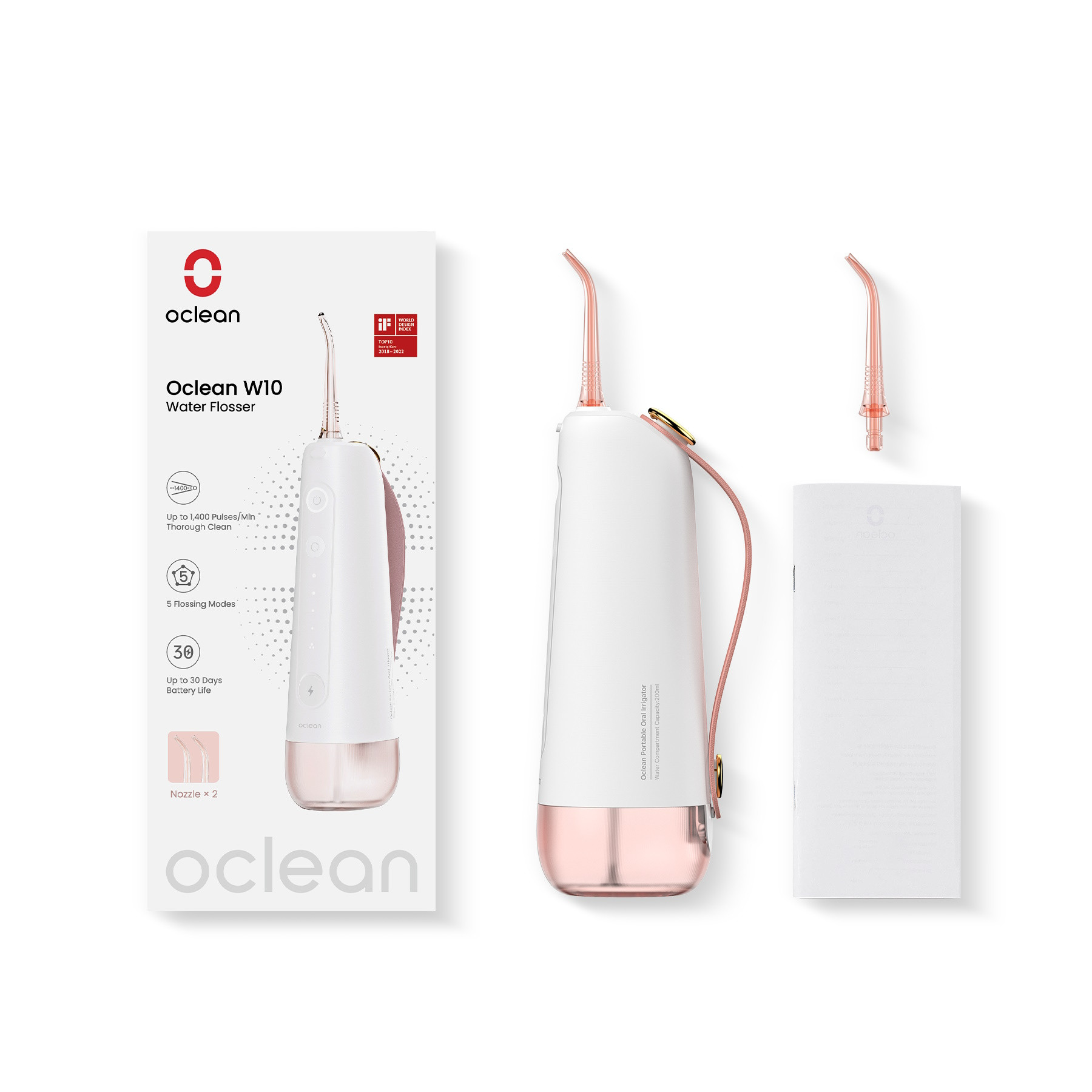 Зъбен душ Oclean W10, 5 режима, 2 накрайника, 200 мл, 1400 импулса в минута, IPX7, USB-C, Розов
