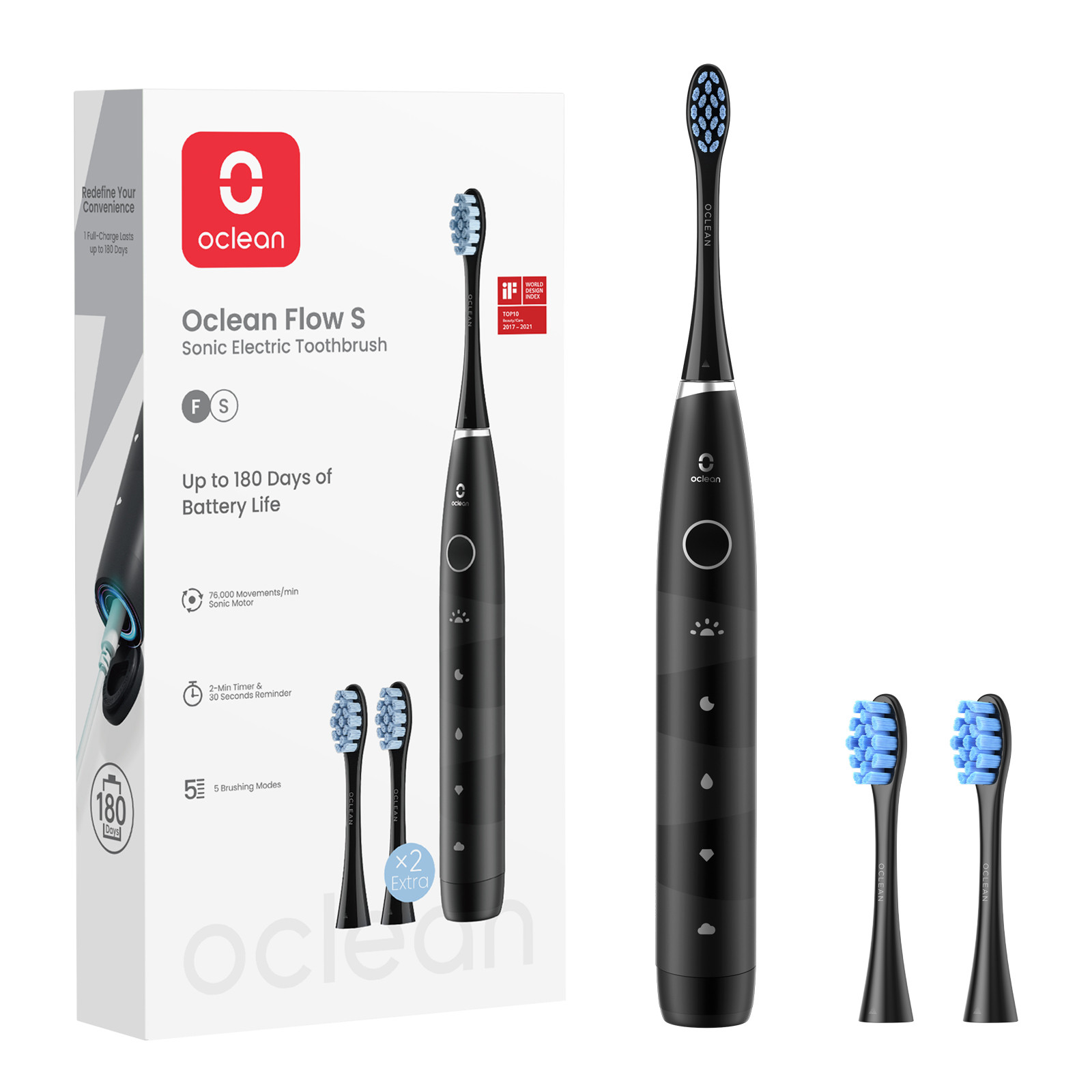 Електрическа четка за зъби Oclean Flow S, 1.85W, 76000 об/мин, 5 режима, Таймер, До 180 дни автономност, Type-C, Антибактериална повърхност, Черен