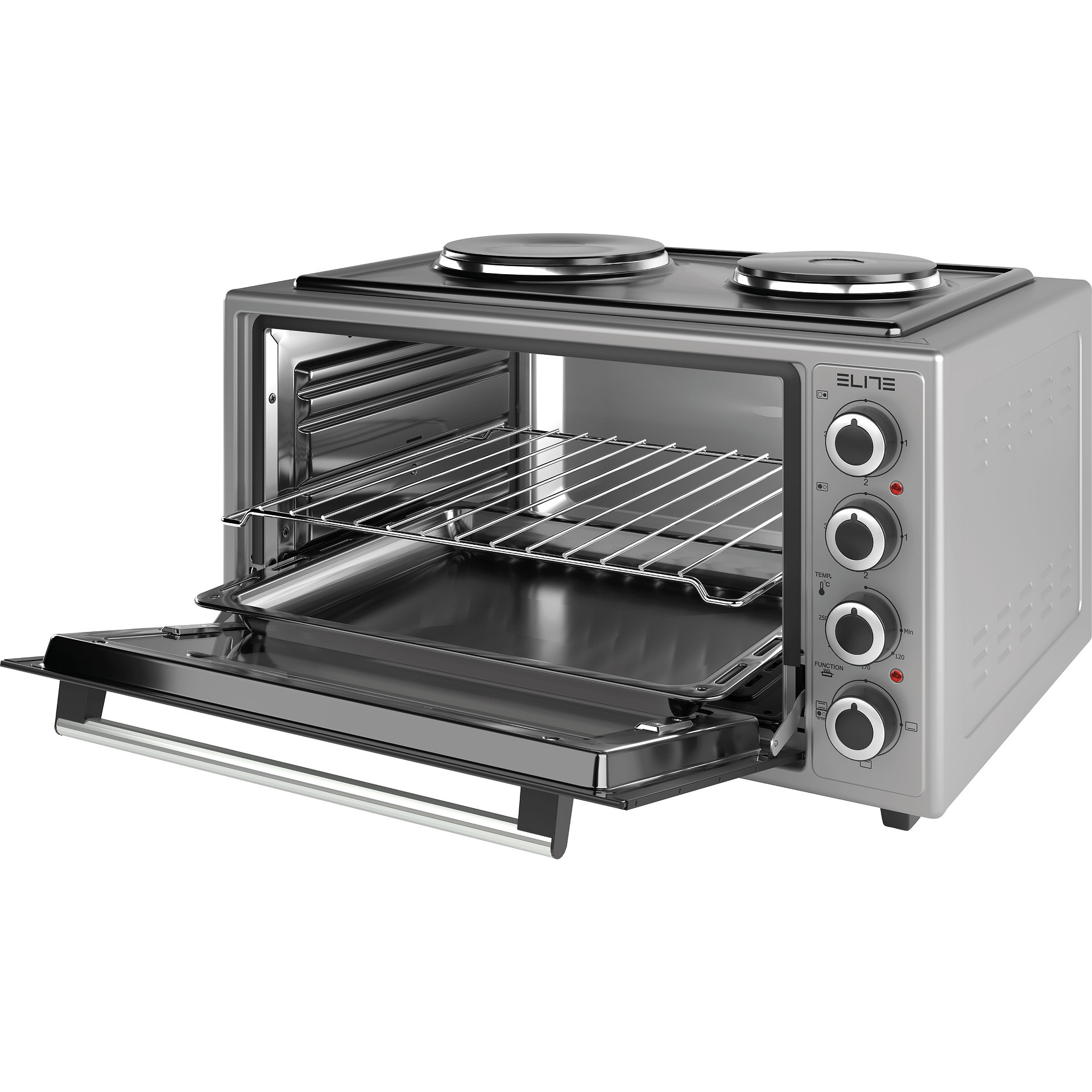 Малка готварска печка Elite EMO-48302G, 2000W, 48 л, 3 функции, Двойно стъкло, Термостат, Таймер, Инокс