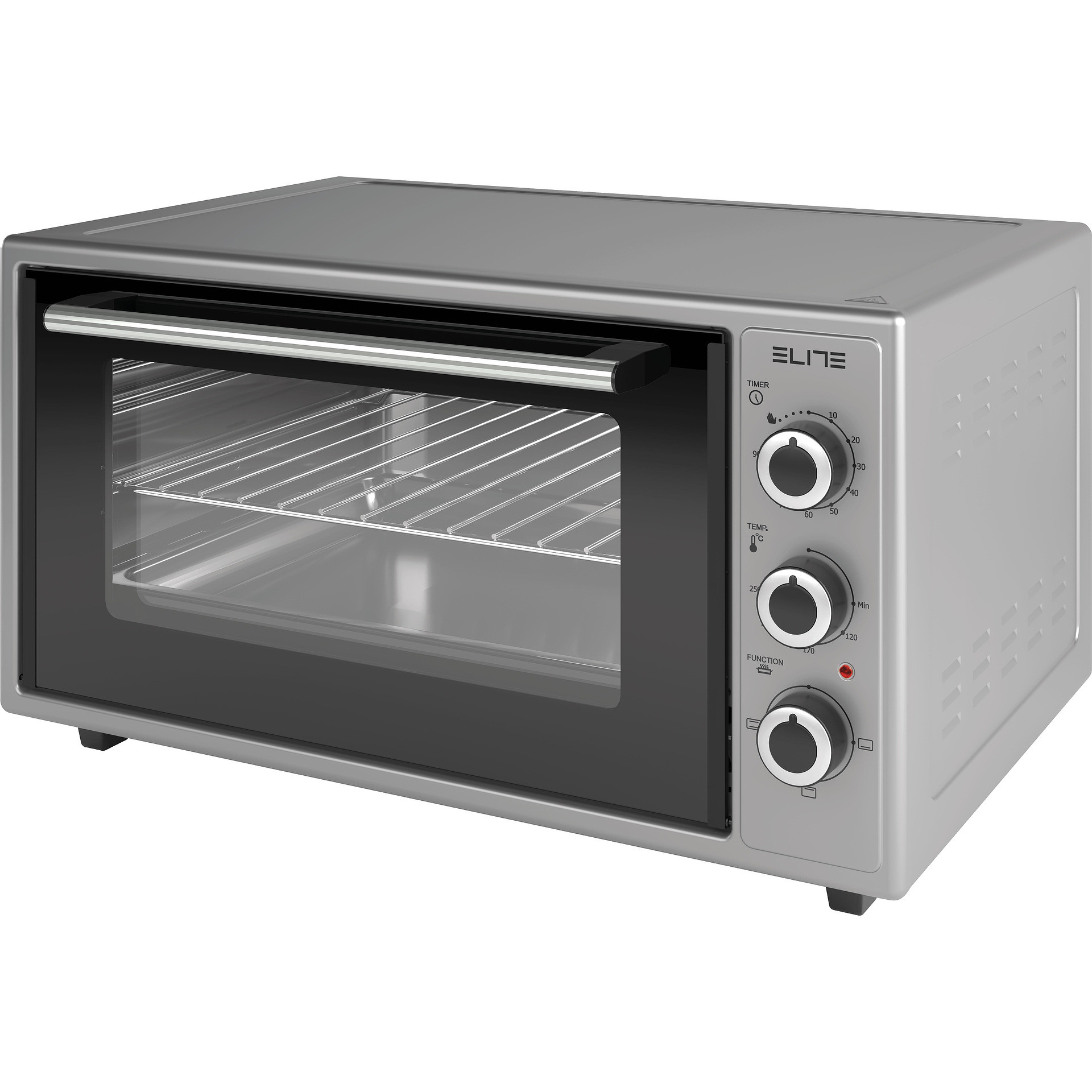 Мини фурна Elite EMO-48300G, 2000W, 48 л, 3 функции, Двойно стъкло, Скрит долен нагревател, Термостат, Таймер, Сив