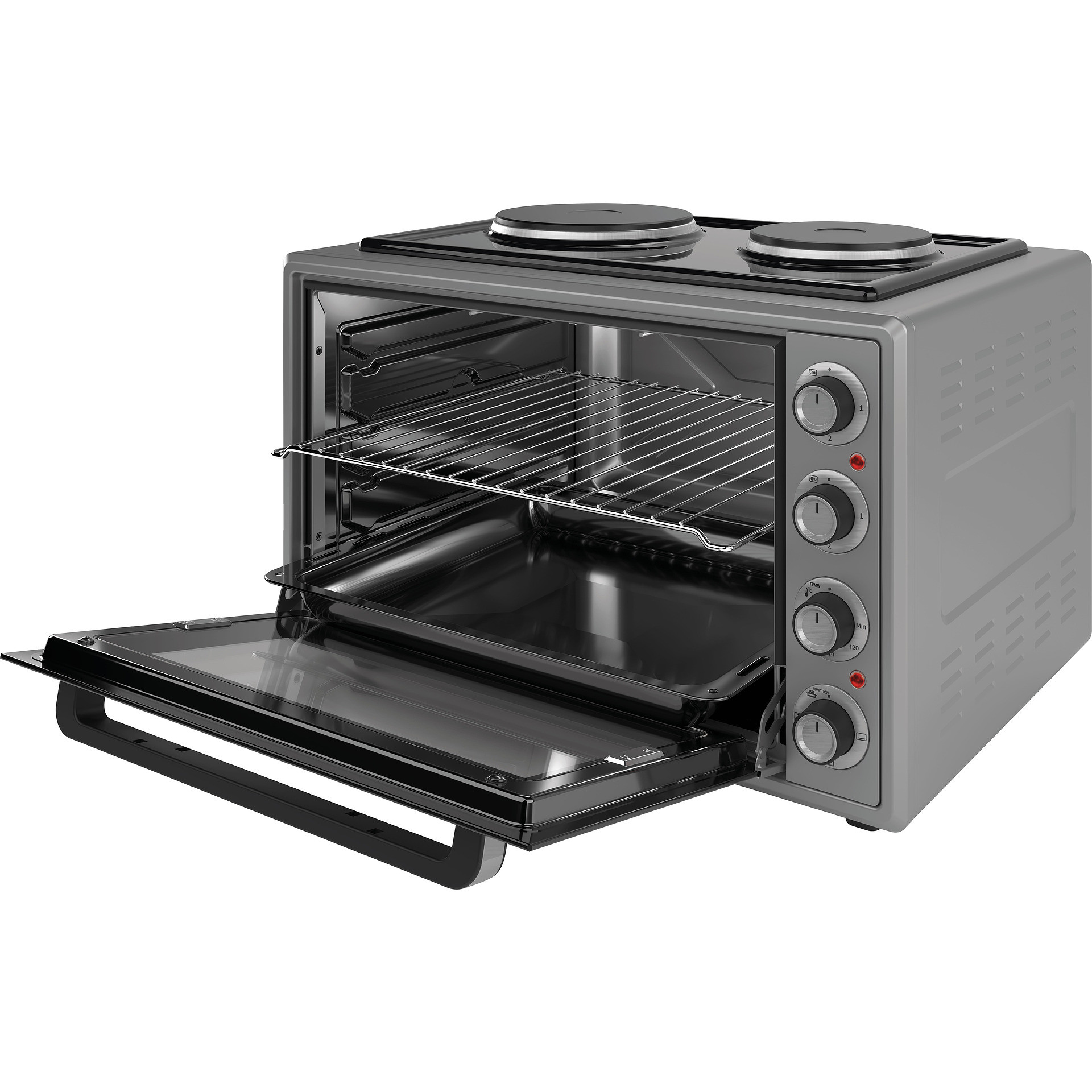 Малка готварска печка Elite EMO-65302G, 2000W, 65 л, 3 функции, Двойно стъкло, Термостат, Таймер, Инокс