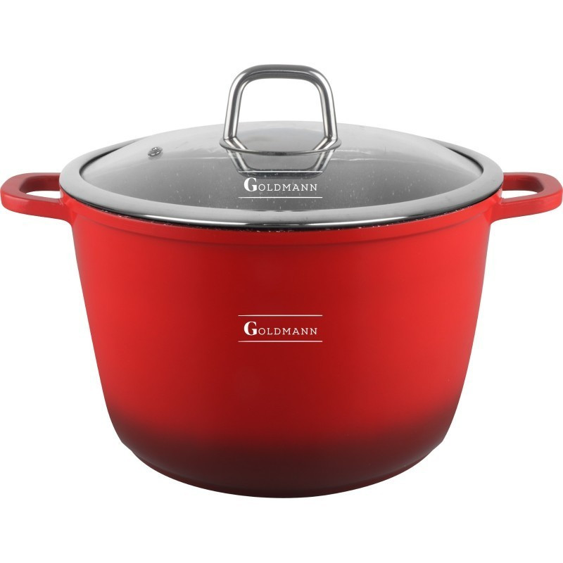 Дълбока тенджера Goldmann GM-0624R, 24 см, 6.2 л,Мраморно покритие, Стъклен капак с отвор за пара, Индукция, Червен