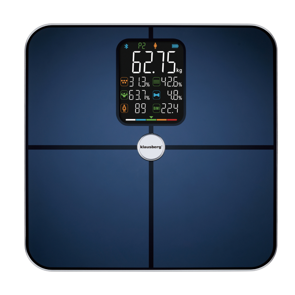 Дигитален кантар Klausberg KB 7940, 180 Kg, BIA, LCD, Bluetooth, 12 показателя, Закалено стъкло, Тъмносин
