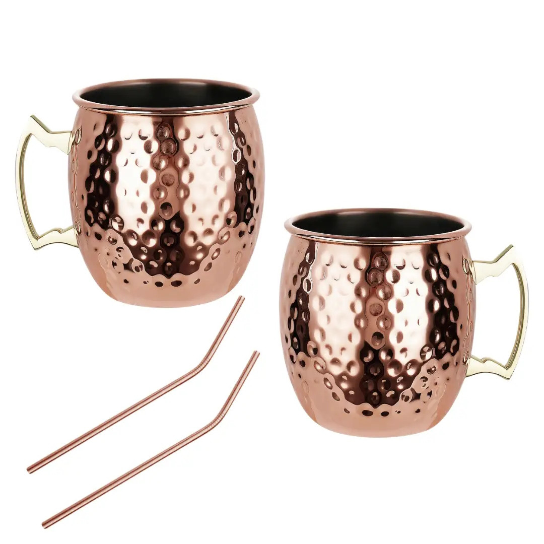 Комплект чаши за Moscow Mule Kinghoff KH 2000, 2 бр, 500мл, 2 сламки, Неръждаема стомана, Меден цвят
