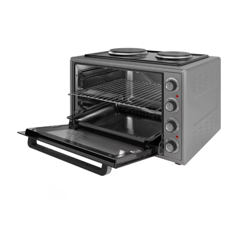 Малка готварска печка Elite EMO-FL 65 2590, 2000W, 65 литра, 3 режима, 3 степени на котлон, Двойно стъкло, Термостат, Турбо вентилатор, Сив