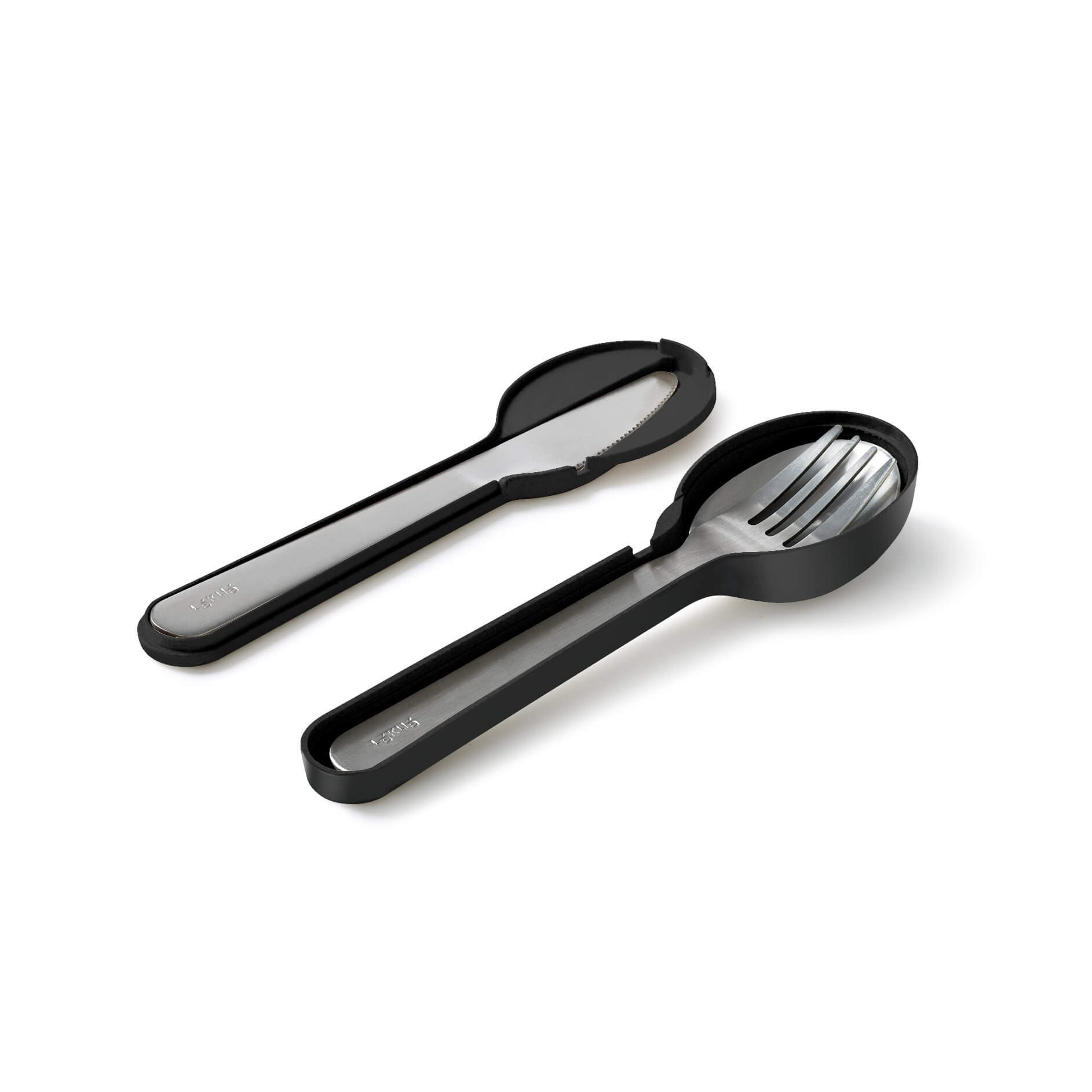 Комплект прибори за хранене Lekue On The Go 1010238, 4 части, Калъф за съхранение, -20°C / +100°C, Неръждаема стомана, Черен