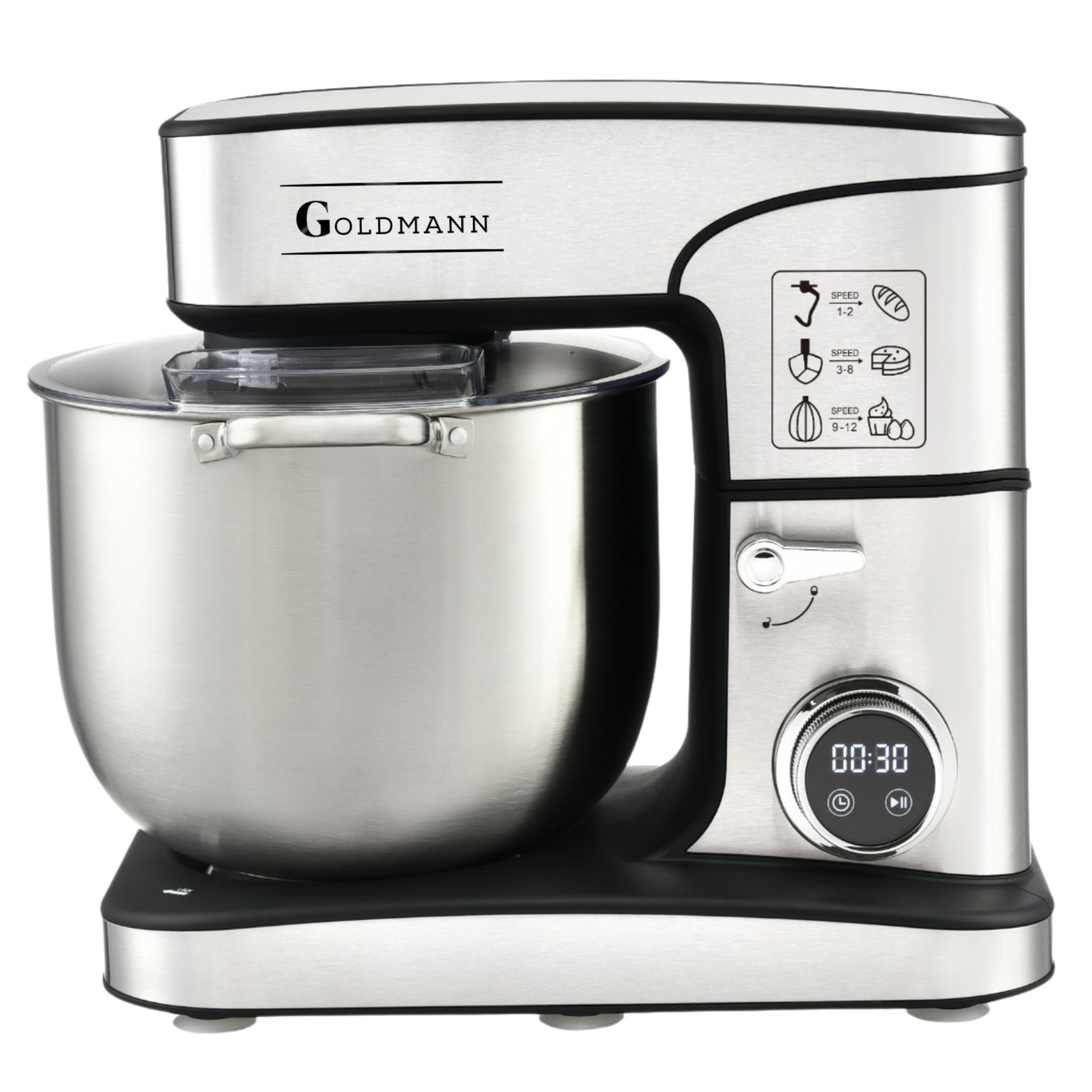 Планетарен миксер Goldmann GM-1115DP, 3500W, 16 л, 6 скорости + импулси, Таймер, Иноксова купа, LED, Инокс
