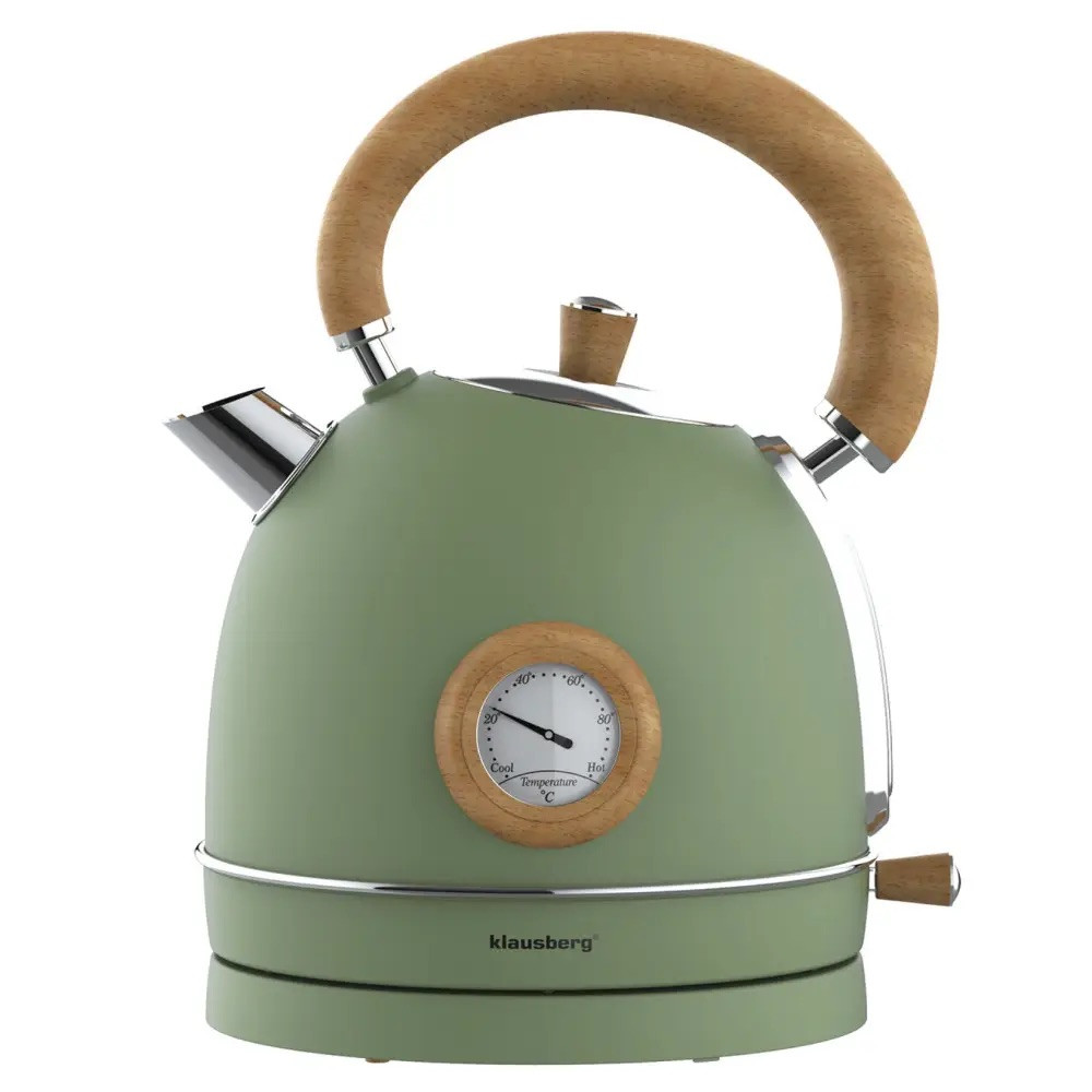 Електрическа кана-чайник Klausberg KB 9008, 2200W, 1.8 л, 360° основа, Индикатор ниво вода, Термометър, Зелен