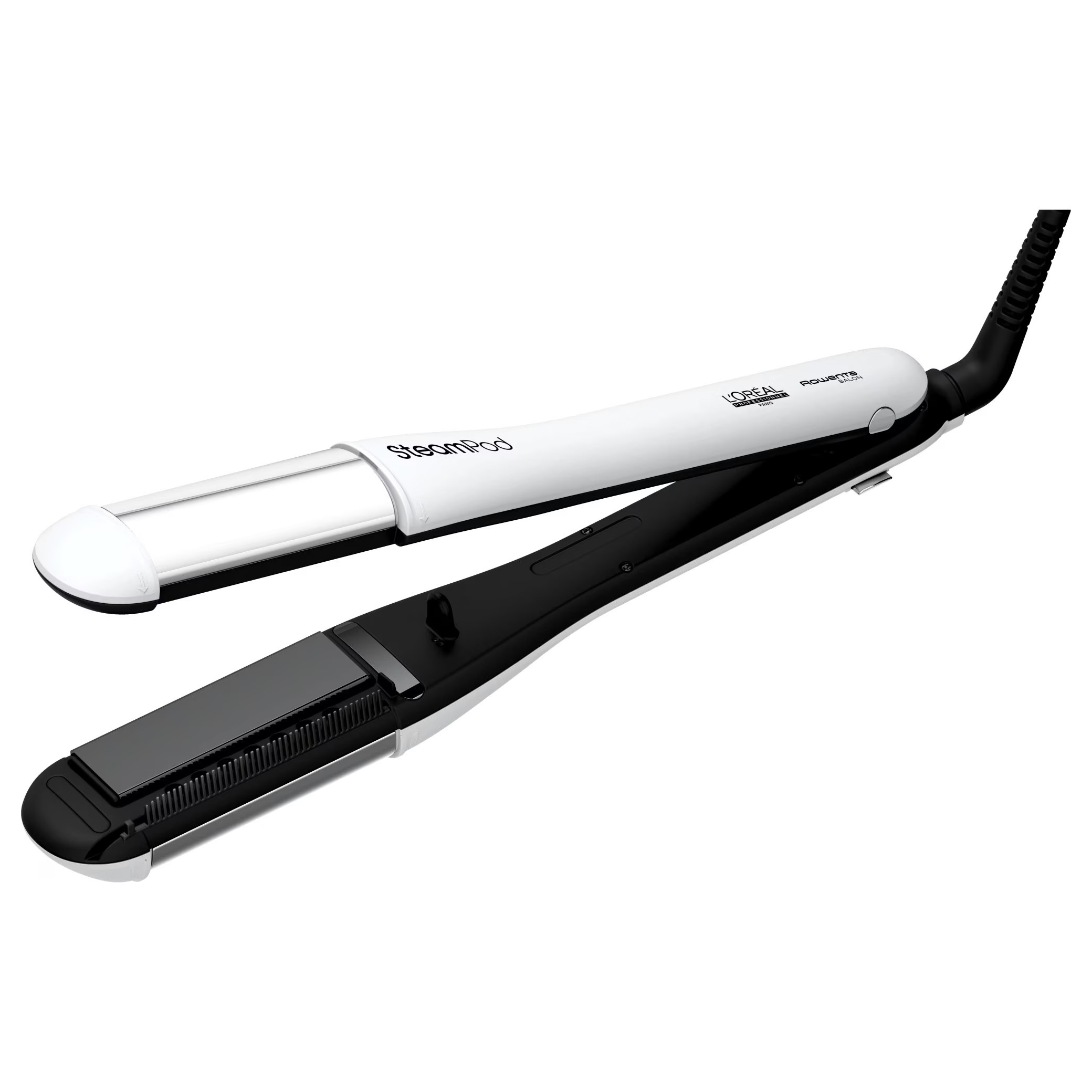 Преса за коса L'Oreal Professionnel SteamPod 4.0, 165W, 0.8 г/мин, Вграден воден резервоар, Въртящ се кабел, До 210C, Бял/Черен