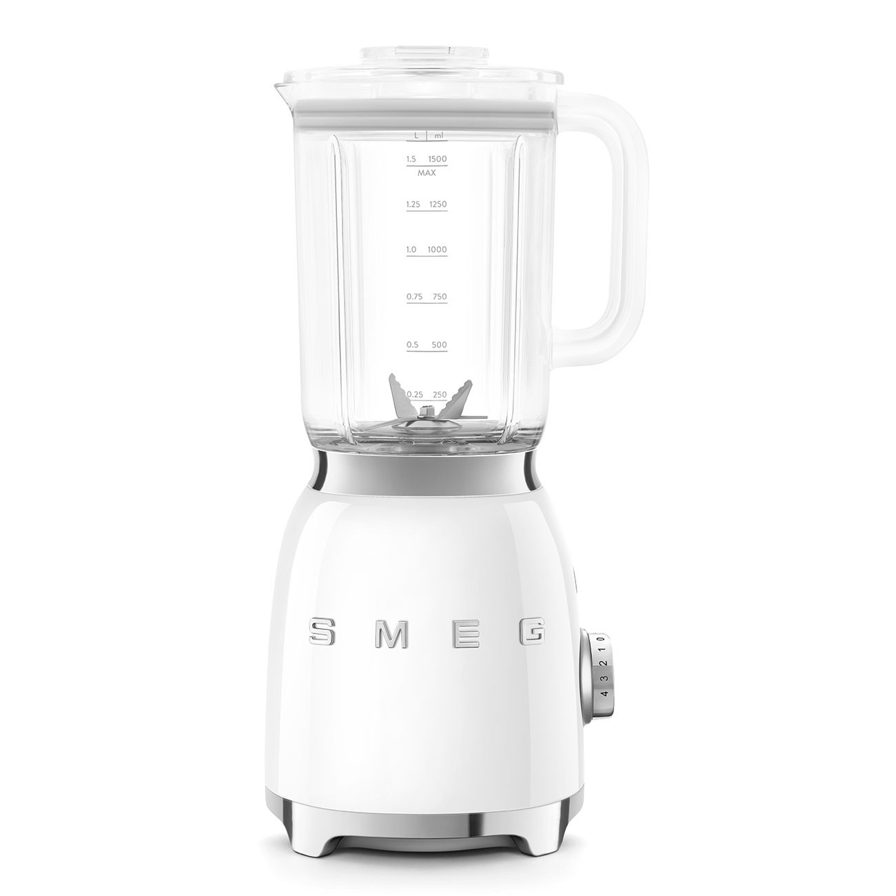 Блендер Smeg BLF03WHEU, 800W, 1.5 л, 18000 об/мин, 4 програми, 4 скорости + Пулс, Неръждаема стомана, Бял