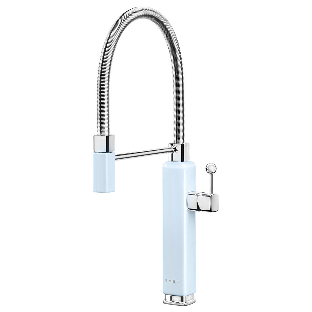 Полупрофесионален смесител за вода Smeg MDF50PB, 5 bar, Подвижна слушалка, Въртящ се на 360° чучур, Пастелно син
