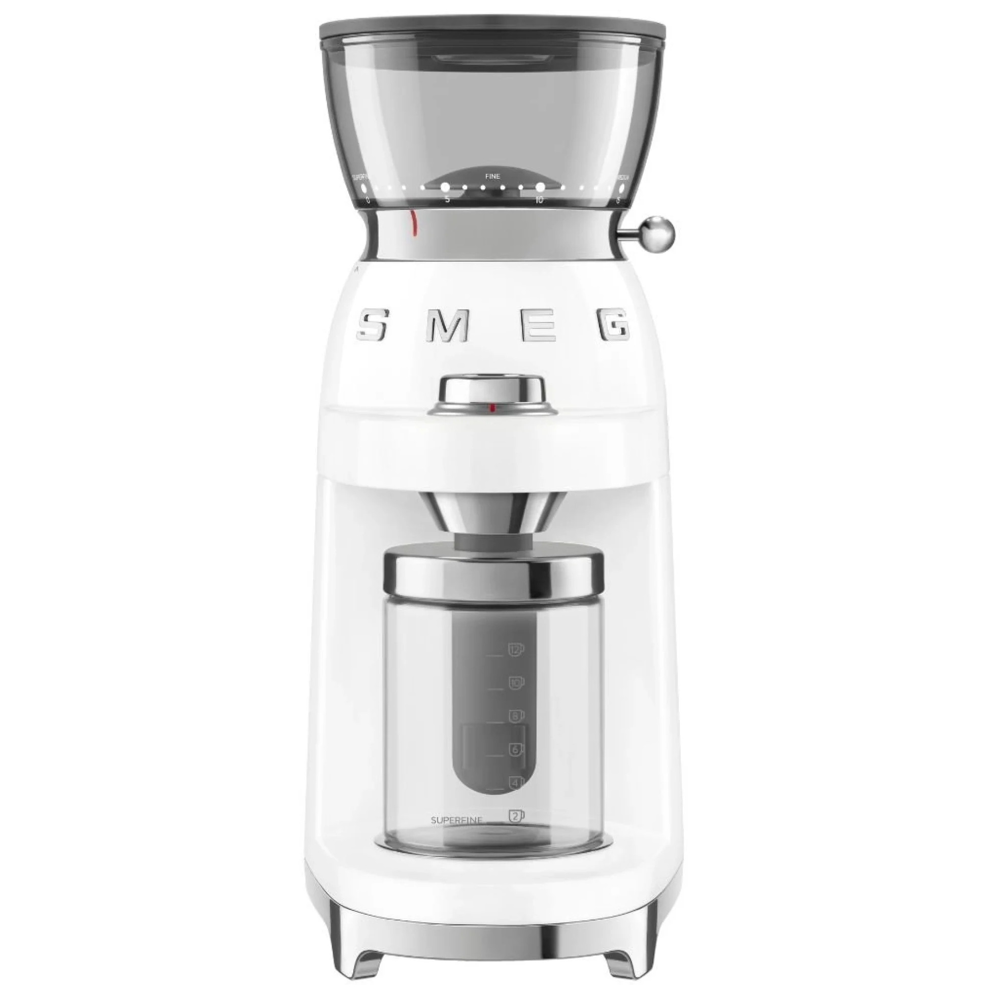 Кафемелачка Smeg CGF03WHEU, 150W, 240 г, Система за завъртане и заключване, Ръчна функция, Бял