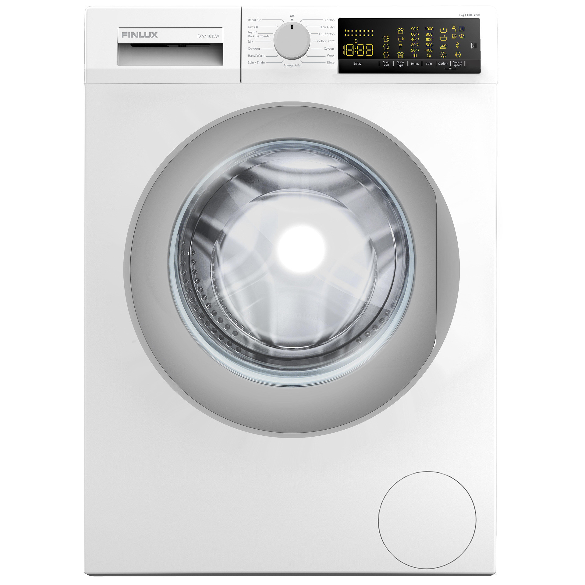 Пералня Finlux FXA7 1015W, Клас D, 15 програми, 7 кг, 1000 об/мин, Отложен старт, LED дисплей, Бял