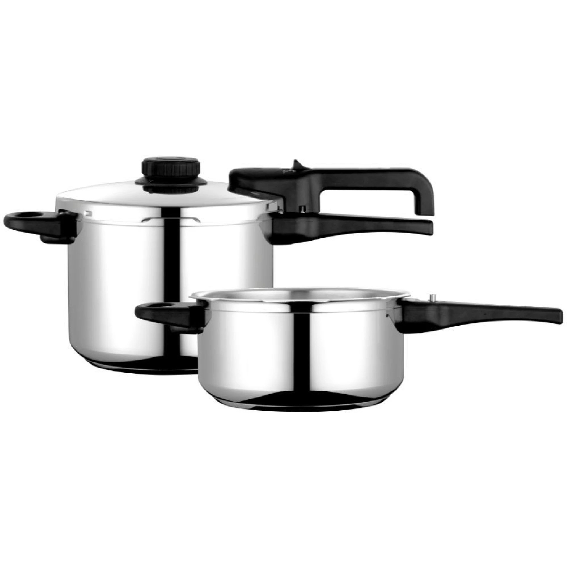 Тенджера под налягане Fagor Dual Xpress 4+6L, 2 бр, 30-90 kPa, 22 см, 5 защити, 3-слойно дъно, Неръждаема стомана 18/10, Индукция, Сребрист