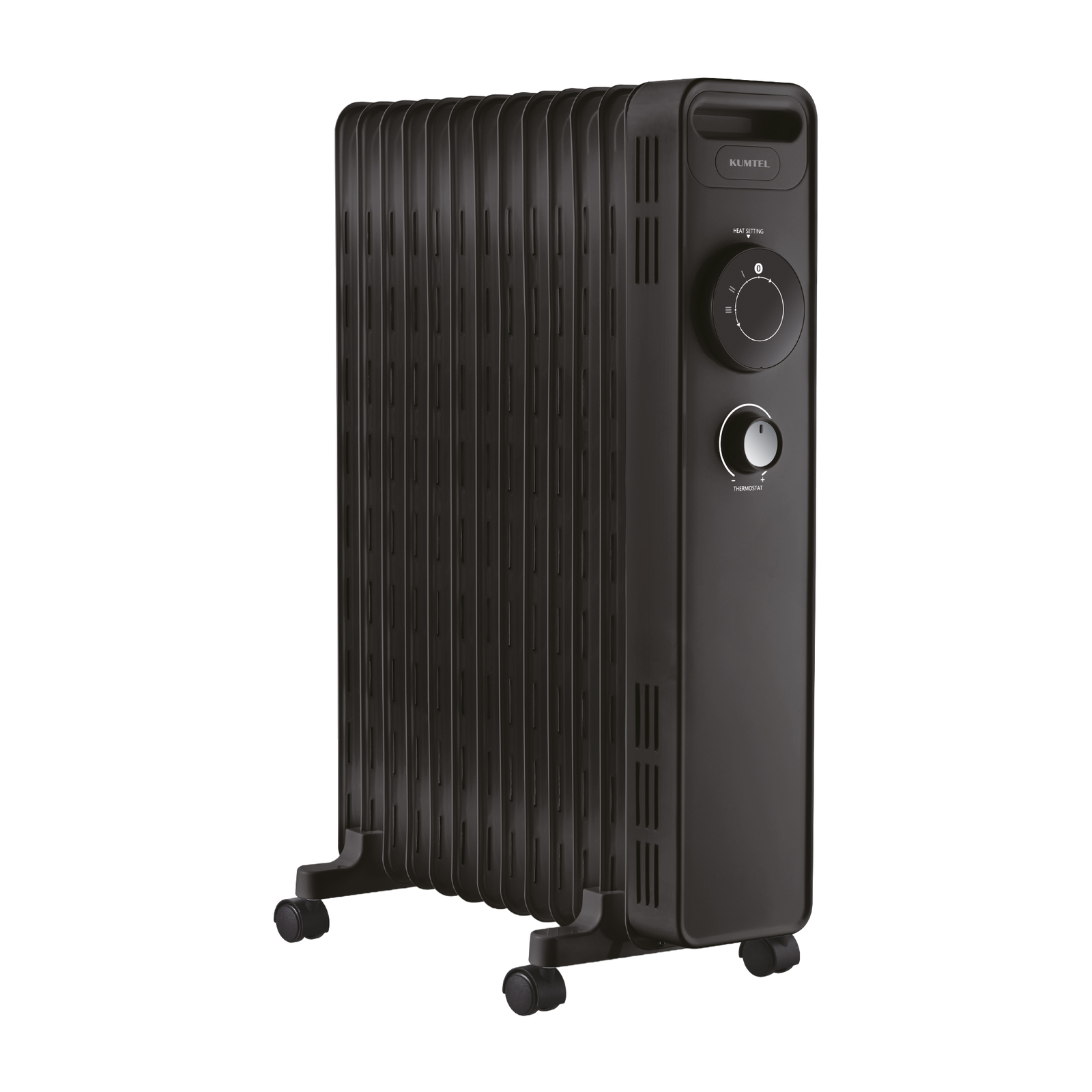 Маслен радиатор KUMTEL KUM-1240S, 2500W, 13 ребра, 3 степени, Регулируем термостат, Колелца, Черен