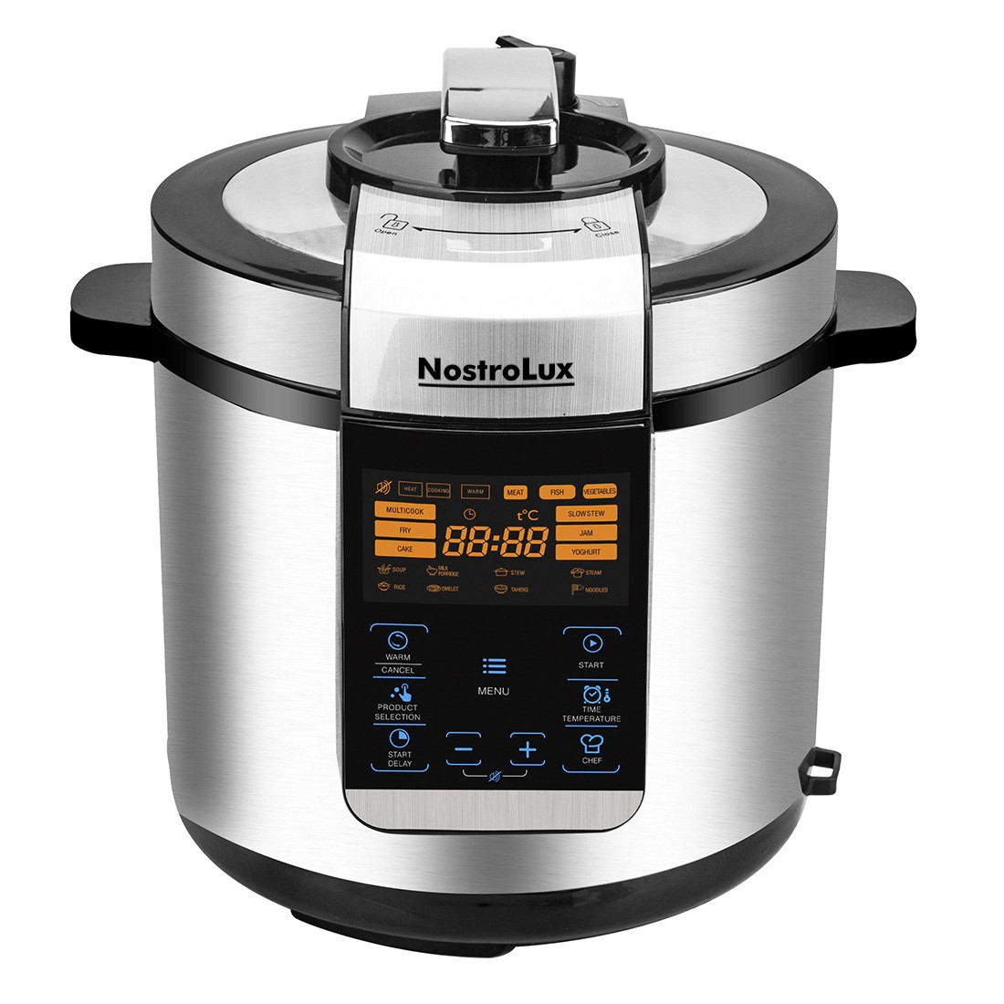 Мултикукър под налягане NostroLux NL51985H6, 1000W, 6 л, 70 kPa, Таймер 24 ч, 15 програми, Голям LED дисплей, Сензорно управление, Инокс