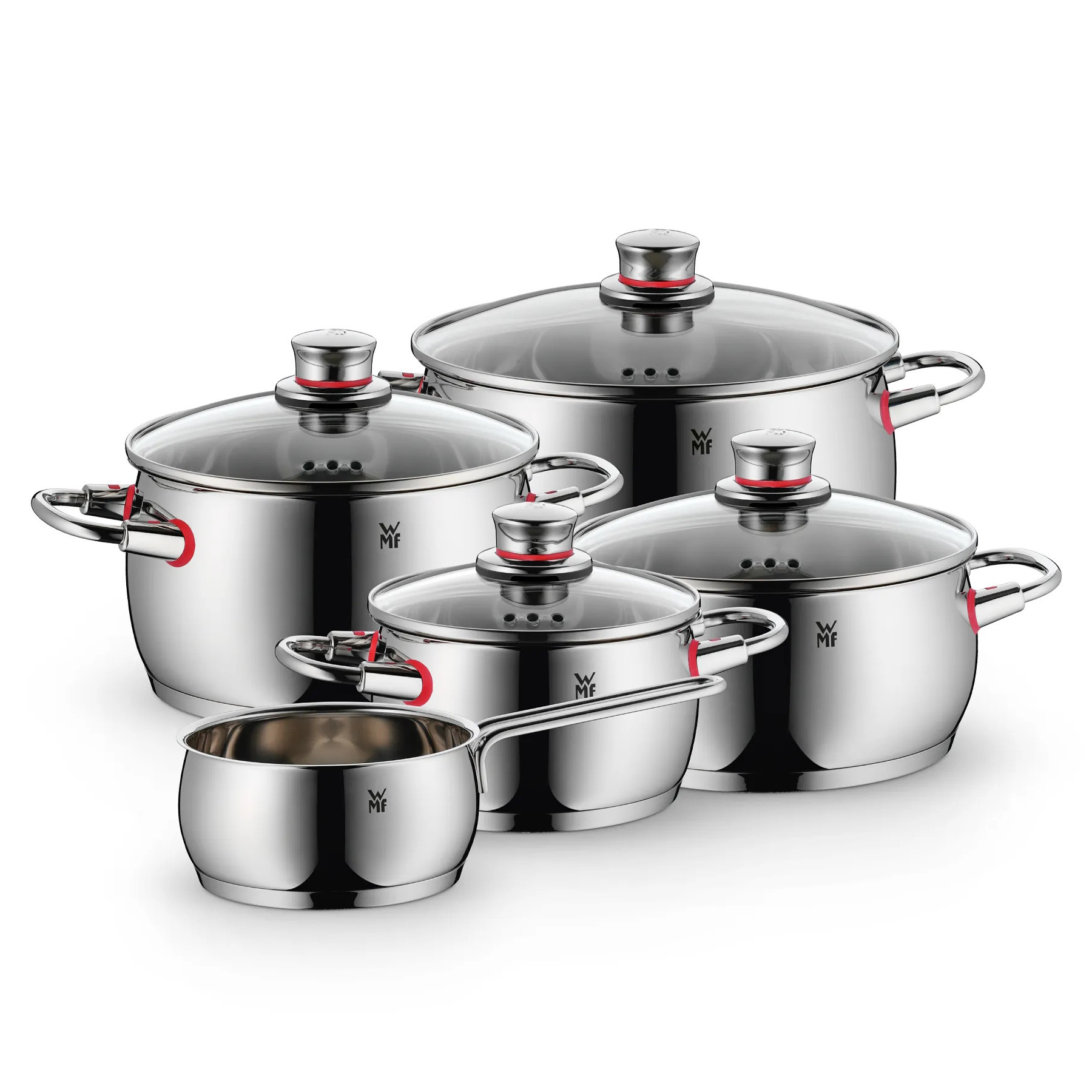 Комплект тенджери WMF Quality One 3201112133, 9 части, Cromargan неръждаема стомана, Фурна до 250°C, TransTherm основа, Индукция, Сребрист