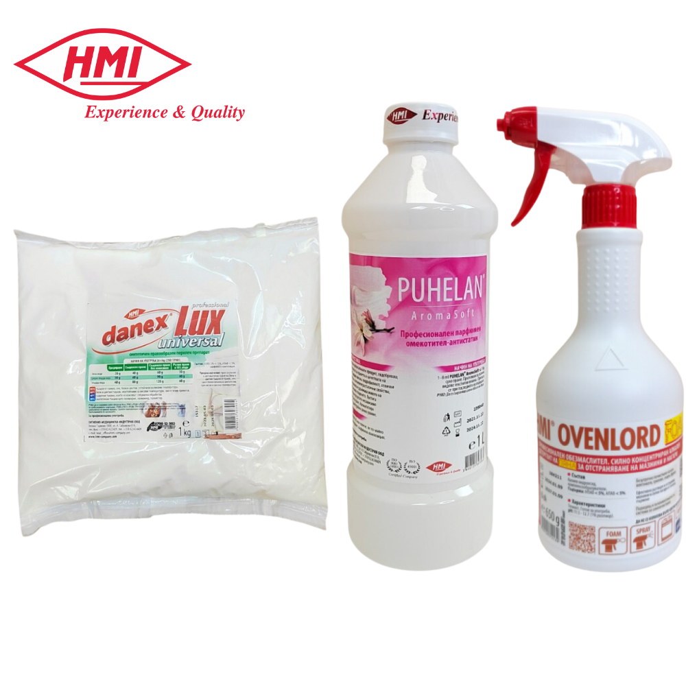 КОМПЛЕКТ: DANEX® LUX 1 кг. прах за пране + Puhelan Aromasoft 1 кг. омекотител + Ovenlord 650 мл. обезмаслител