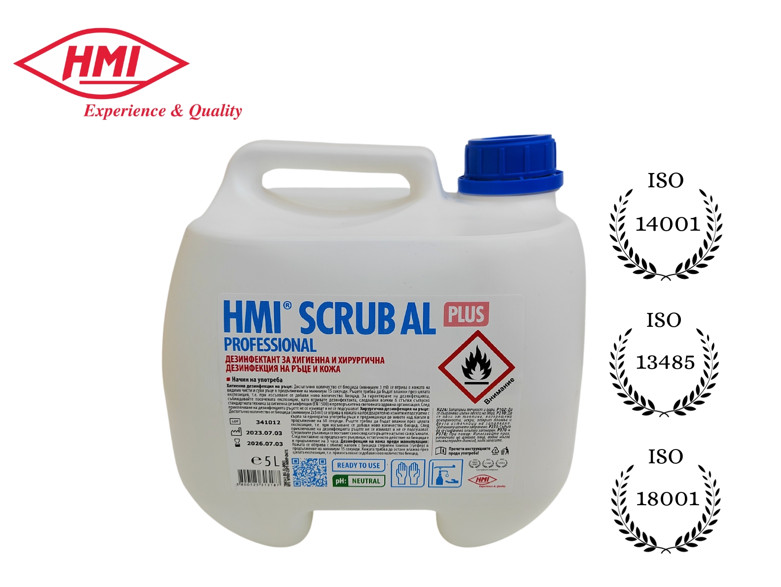 HMI® SCRUB AL Plus 5 л. Дезинфектант с 72% етанол за хигиенна и хирургична дезинфекция на ръце и кожа с дълготрайно действие