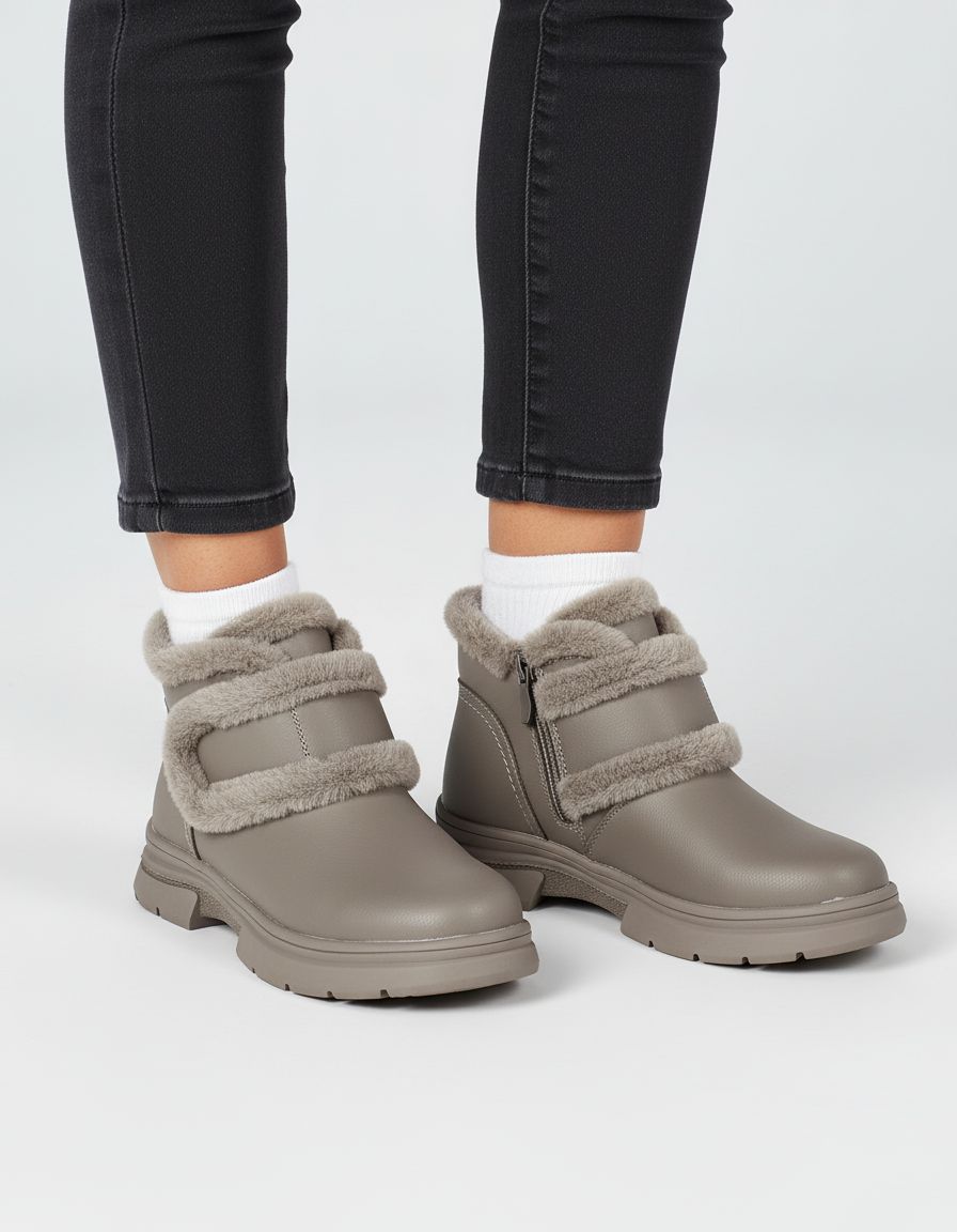 Дамски боти от естествена кожа със зимна вата Bosido Strap Taupe