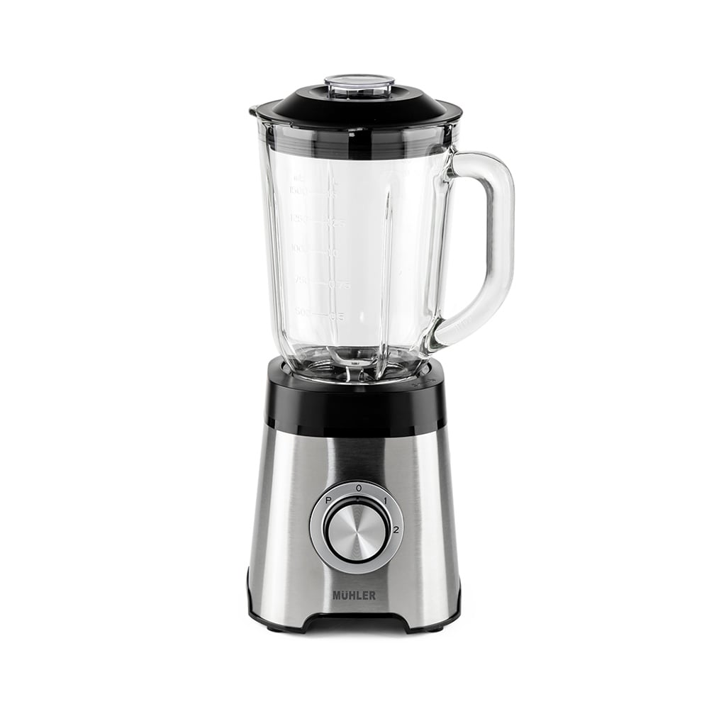 Блендер Muhler MB-555SG, 500W, 1.5 л, 2 скорости + Pulse, Стъклена кана, 4 ножа от неръждаема стомана, Инокс/Черен