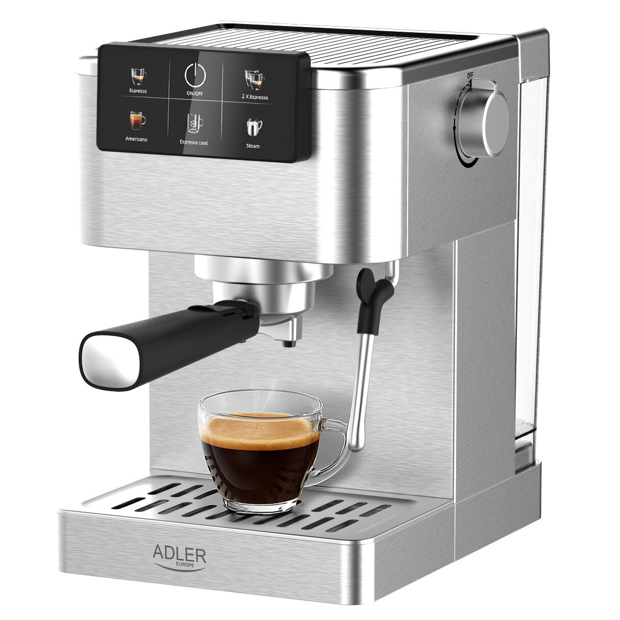 Еспресо машина Adler AD-4390, 1350W, 20bar, LCD touch панел, 5 функции, Инокс