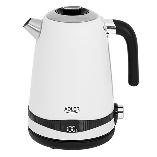 Електрическа кана Adler AD-1295w, 1.7л, 2200W, LCD дисплей, Неръждаема стомана, Филтър за утайки, Регулиране на температурата, Бял