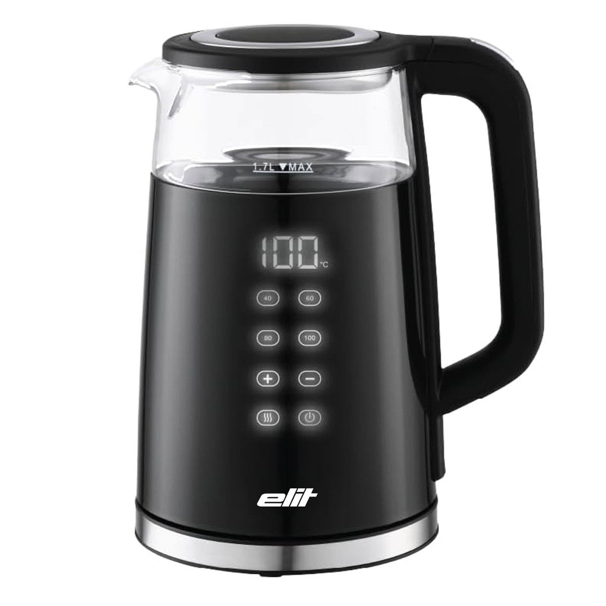 Електрическа кана за вода Elit AQUAPRO 1.7B, 2200W, 1.7 л, Цифров дисплей, 4 програми, 360 градуса, Черен